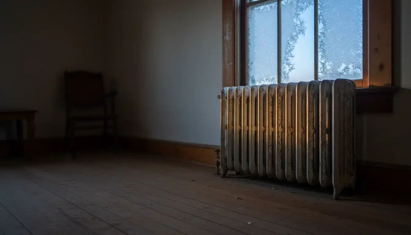 A cast-iron steam radiator under a frosted window in an old farmhouse room